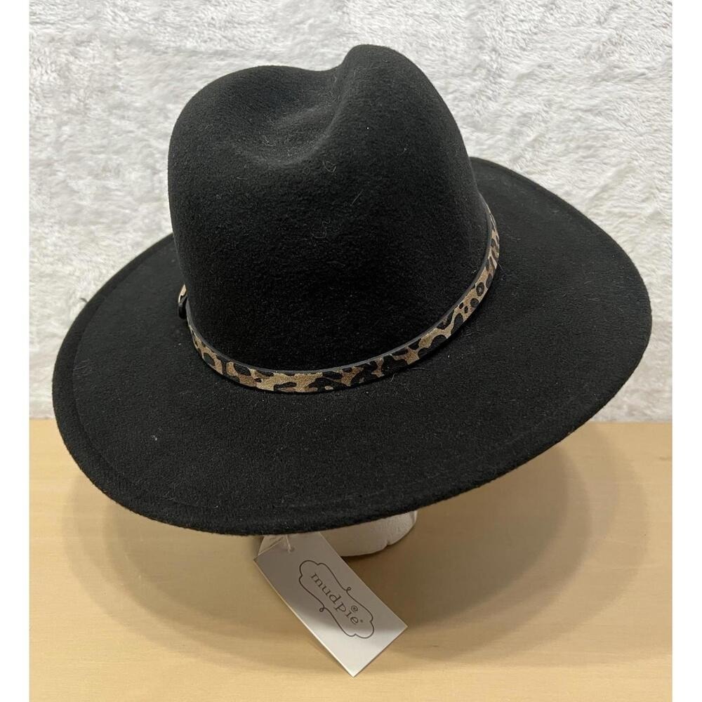 Mud Pie Black Fedora‎ Hat Leopard Band Adjustable NWT